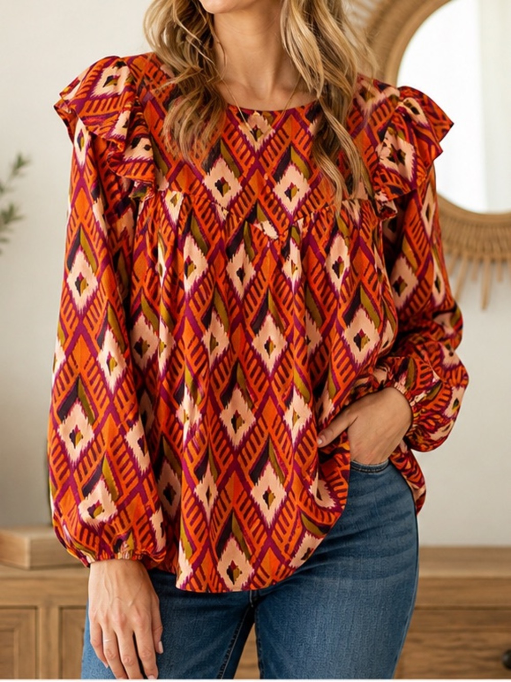 Michelle McDowell Boho Ikat Print Blouse XL Ruffle Shoulder Peasant Orange Pink